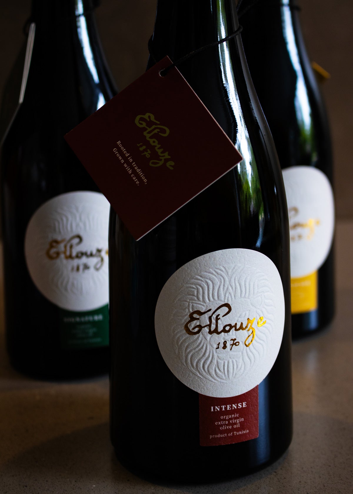 Detailed view of Intense Organic Extra Virgin Olive Oil 500ml, featuring the Ellouze 1870 logo and elegant label design, symbolizing premium quality.